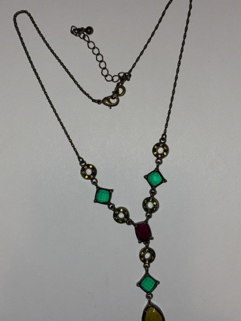 Vintage-Inspired Green, Pink and Yellow Pendant Necklace